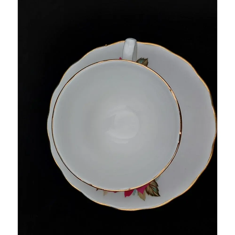 Vintage Royal Vale Teacup Saucer Set Red Rose Bone China Gold Trim England Fine